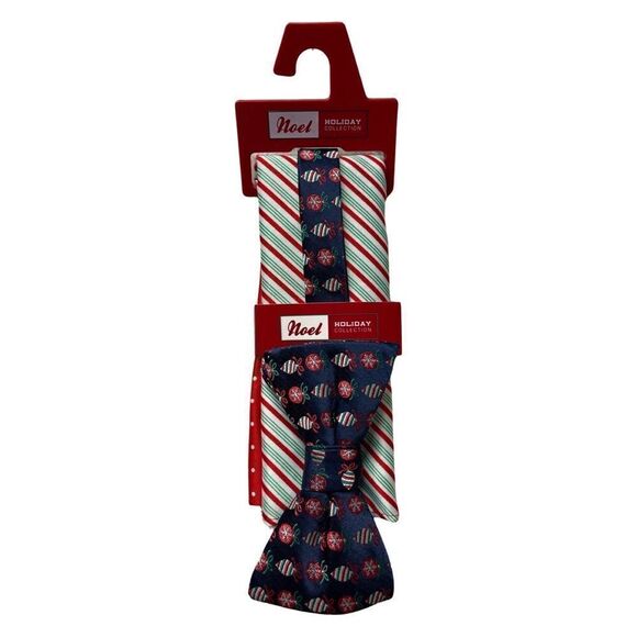 Noel Holiday Collection Print Bow Tie & Stripe Polkadot Pocket Square Set NWT - Picture 2 of 5